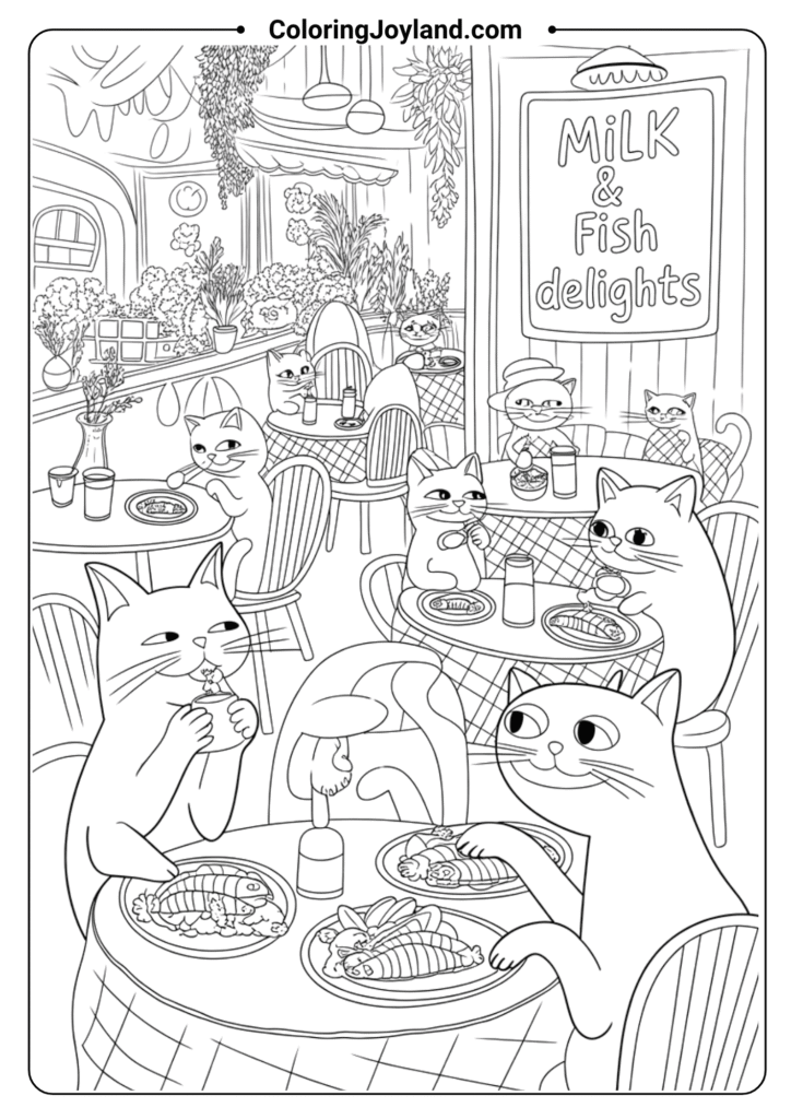 Cat cafe free printable cat coloring pages