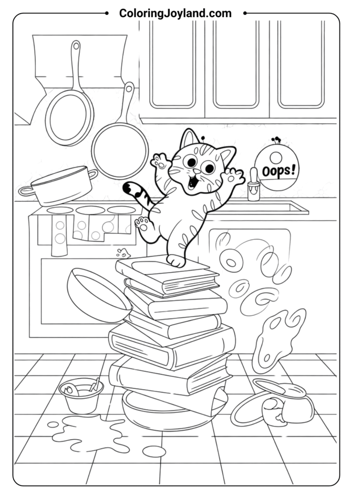 Cat-astrophe coloring sheet for kids free PDF