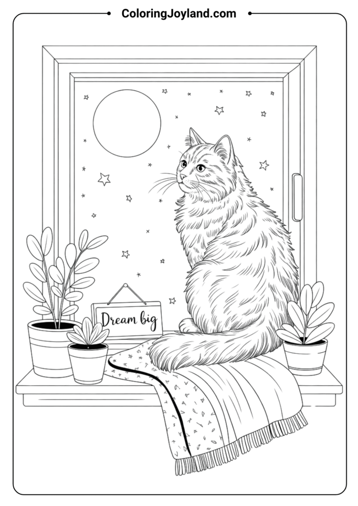 Moonlit Meow cat coloring pages for kids