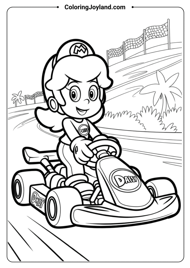 Princess Daisy racing in a kart