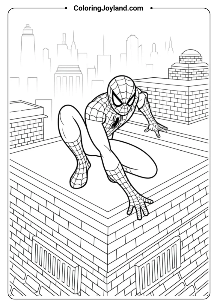 SpiderMan crouching on the edge of a rooftop