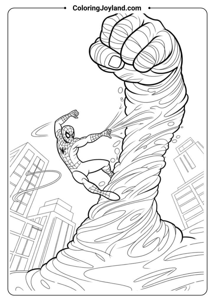 SpiderMan dodging a sand fist from Sandman