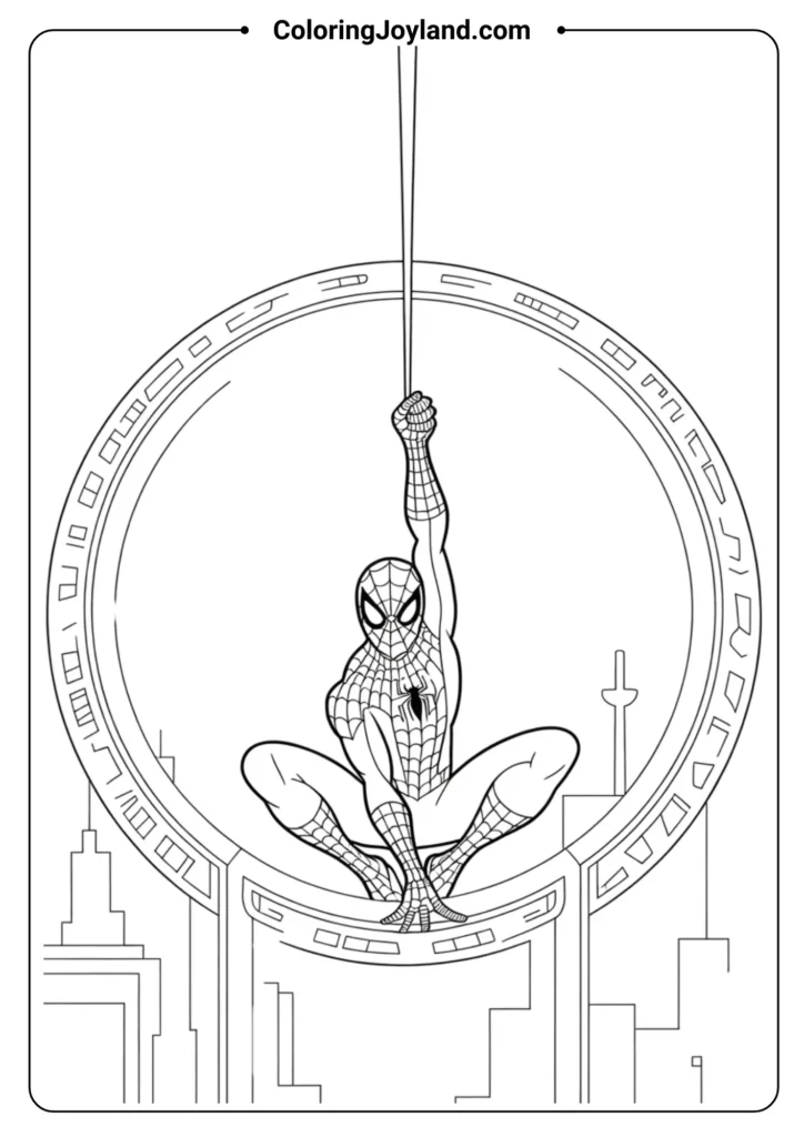 SpiderMan hanging upside down by a web strand