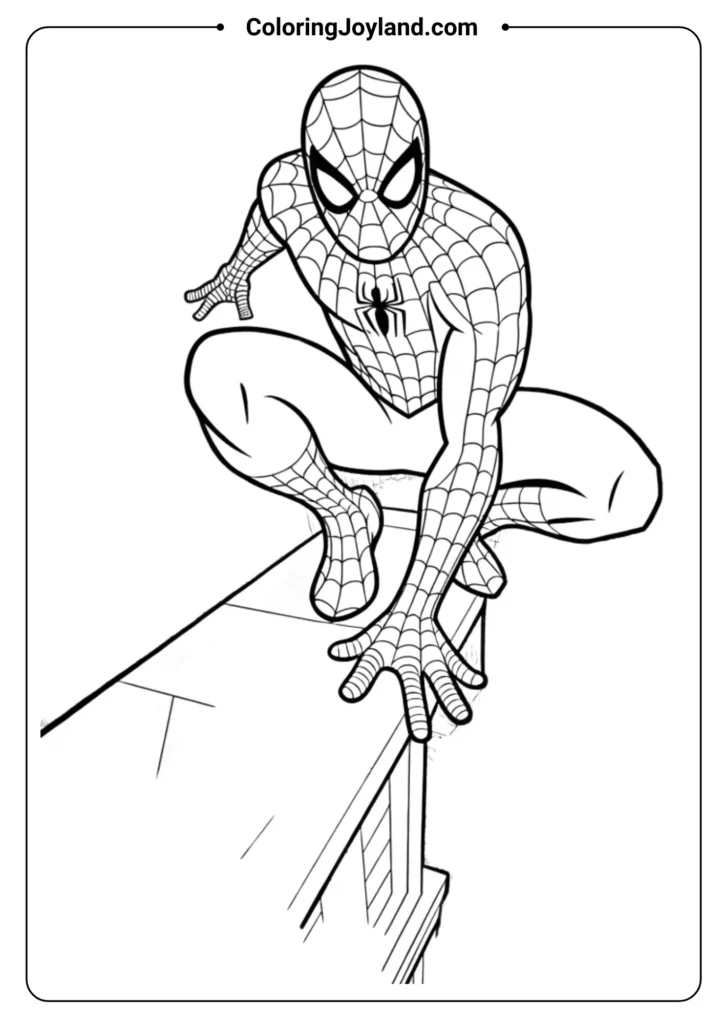 SpiderMan in his classic crouching pose on a rooftop ledge