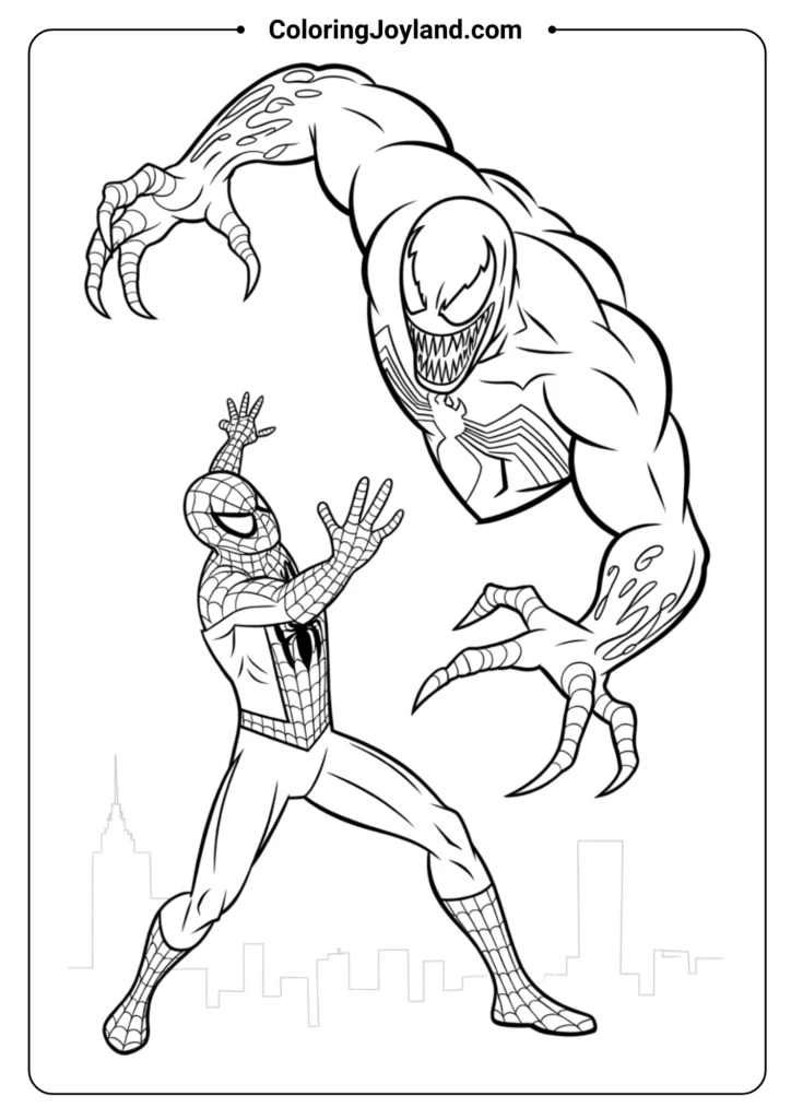 Venomlooming-behind-SpiderMan coloring pages in-a-dramatic-pose